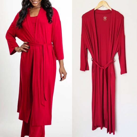 NEW Earthly Threads Serene Robe S Elevated Red Bamboo Viscose Belted Pocket $125 - Picture 1 of 16